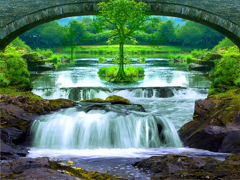 River falls, green, bridge, river, trees, falls, HD wallpaper