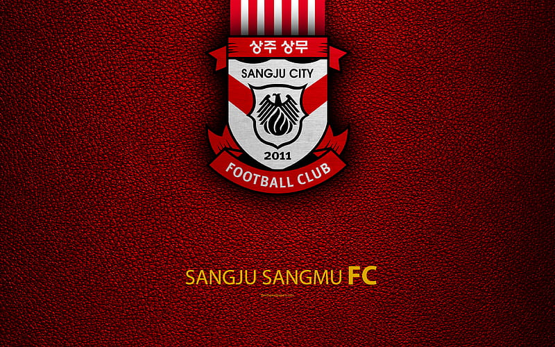 Sangju Sangmu FC logo, South Korean football club, K-League Classic, leather texture, emblem, Sanju, South Korea, football championship, HD wallpaper