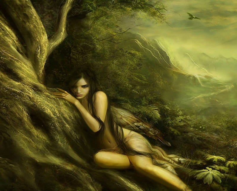Fantasy Woman sitting against tree, Girls, Fantasy Girls, dark, Nature, HD wallpaper