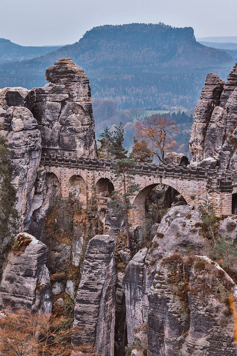 bridge, rocks, stone, mountains, arched, architecture, HD phone wallpaper