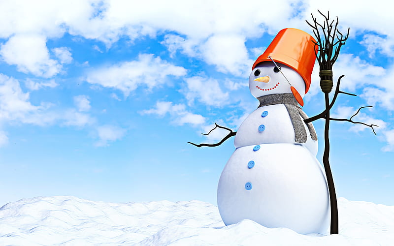 snowman, winter, snowdrifts, blue sky, snowmen, winter holidays, HD wallpaper