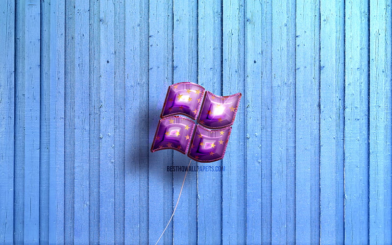Windows logo, violet realistic balloons, Windows 3D logo, blue wooden backgrounds, Windows, HD wallpaper