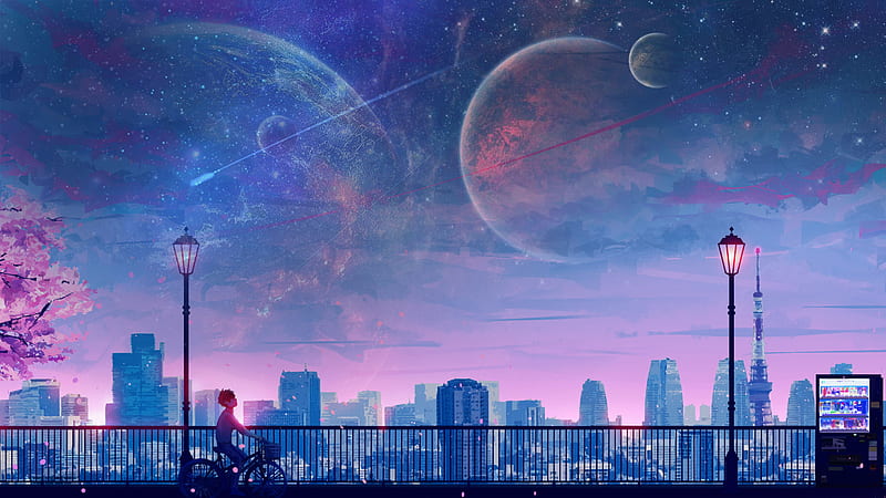 Anime, Original, Bicycle, City, Moon, Night, Stars, HD wallpaper