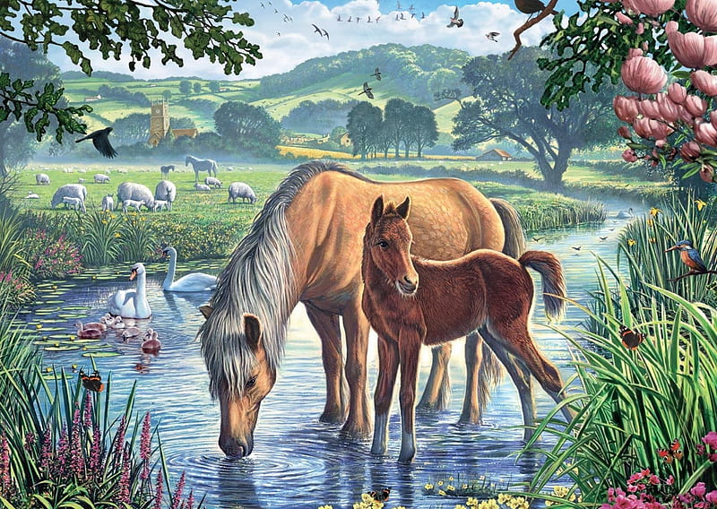 Summer day, cute, art, water, painting, pictura, horse, baby, lake, HD wallpaper