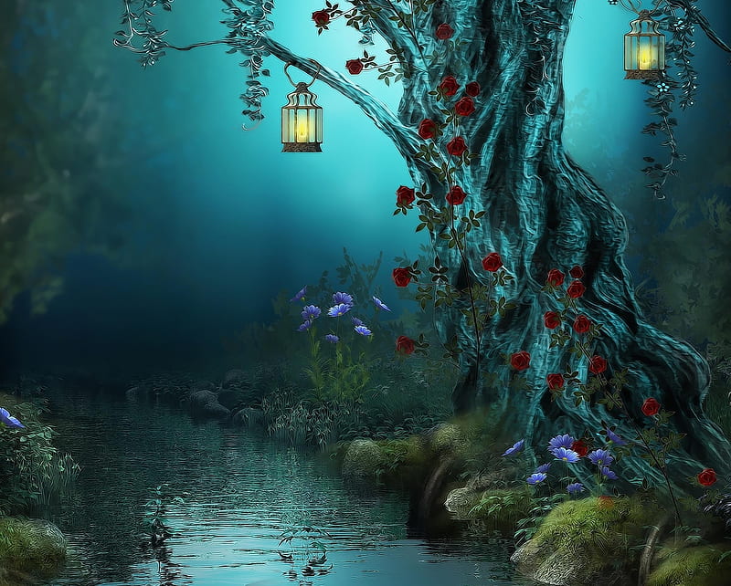 Fantasy Forest, dark, flowers, lights, night, painting, path, river, tree, HD wallpaper