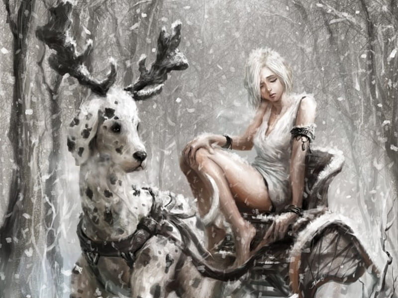 ★Humor and Loneliness★, sleigh, wonderful, Women, Female, splendor, love, emotional, face, lovely, christmas, Art, new year, lips, winter, softness, cute, humor, snow, eyes, dogs, charm, bonito, horns, frosty, Humor and Loneliness, hair, animals, falls, amazing, Girls, fun, Fantasy, loneliness, travels, tender touch, HD wallpaper