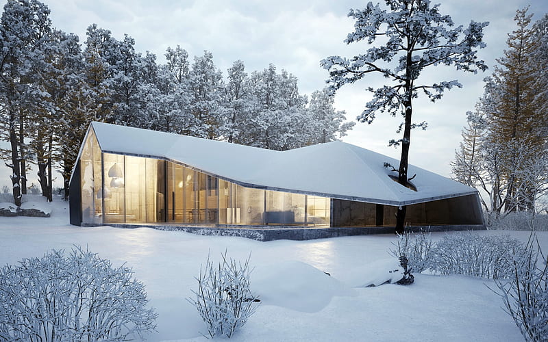 2019 Winter Forest Modern House Design Landscape, HD wallpaper