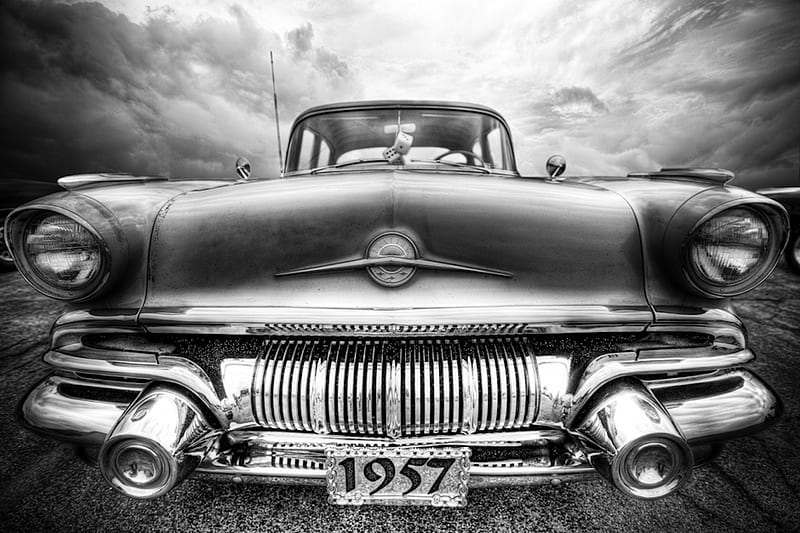 1957 Pontiac, R, car, black and white, vintage, pontiac, HD wallpaper
