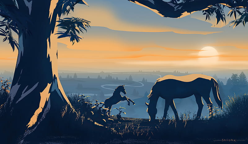 Horses Dawn Minimal , horse, animals, artist, artwork, digital-art, HD wallpaper