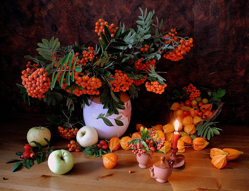 Apple, Still Life, Leaf, Berry, Fruit, Vase, Candle, graphy, Apricot, Orange (Color), Pitcher, HD wallpaper