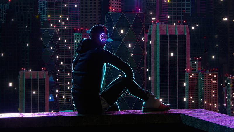 Boy Sitting On Rooftop Neon Lights Building Neon, HD wallpaper