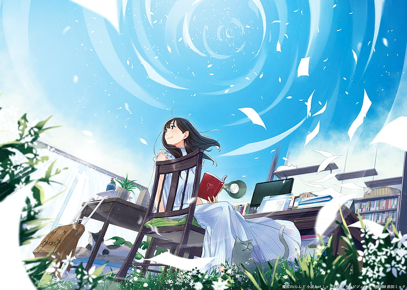 anime girl, open room, reading, smiling, wind, sky, Anime, HD wallpaper