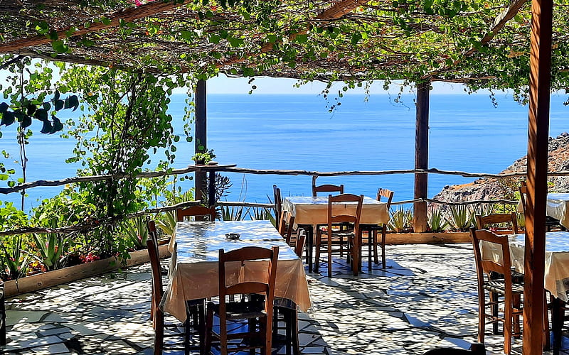 Restaurant Terrace in Greece, Greece, restaurant, terrace, sea, pergola, HD wallpaper