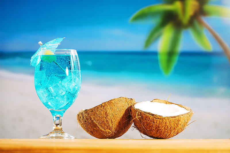 Cocktail on sandy beach, beach, Cocktail, Summer, Coconut, Vacation, HD wallpaper