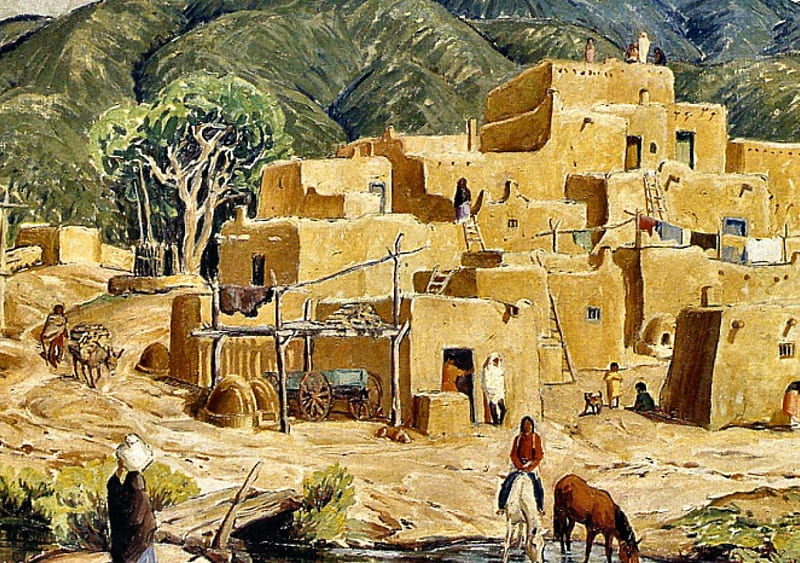 Taos Pueblo Dwellings 2, art, USA, New Mexico, artwork, Taos, painting, wide screen, pueblo, Native American, scenery, landscape, HD wallpaper