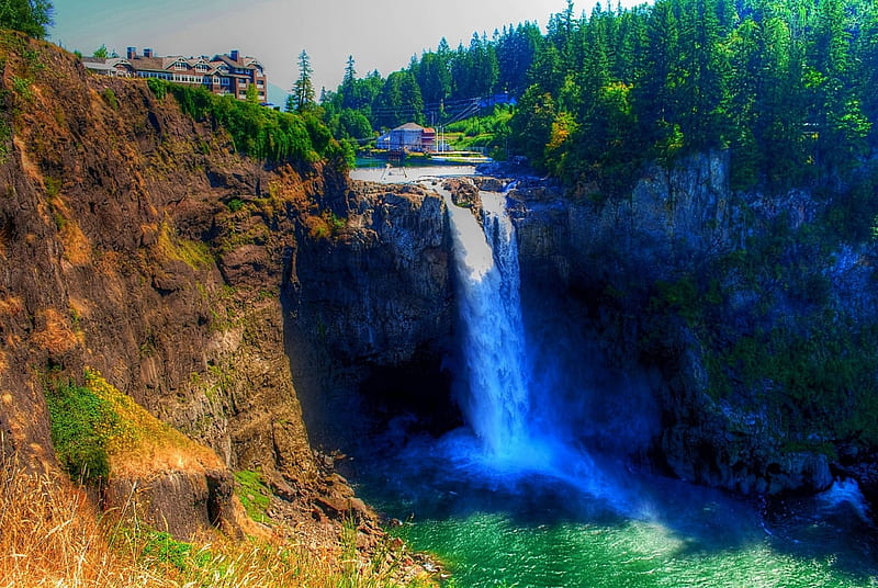 Snoqualmie Falls, Washington, rocks, river, sunshine, trees, firs, HD wallpaper