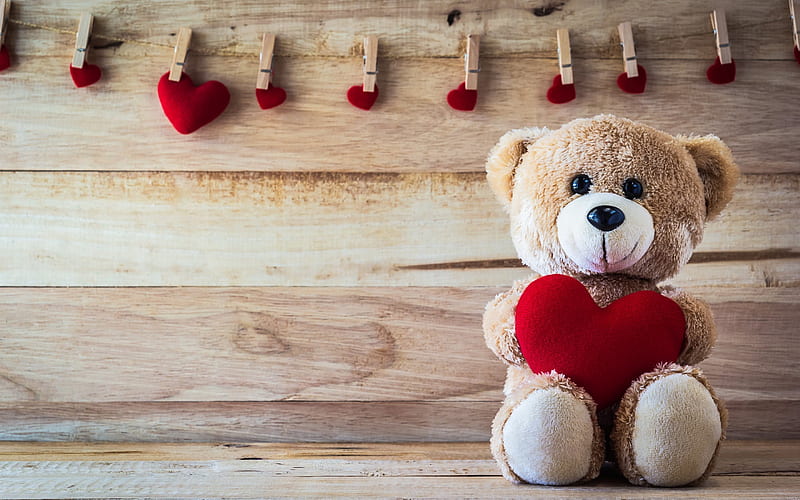 teddy bear, romance, red heart, love, HD wallpaper
