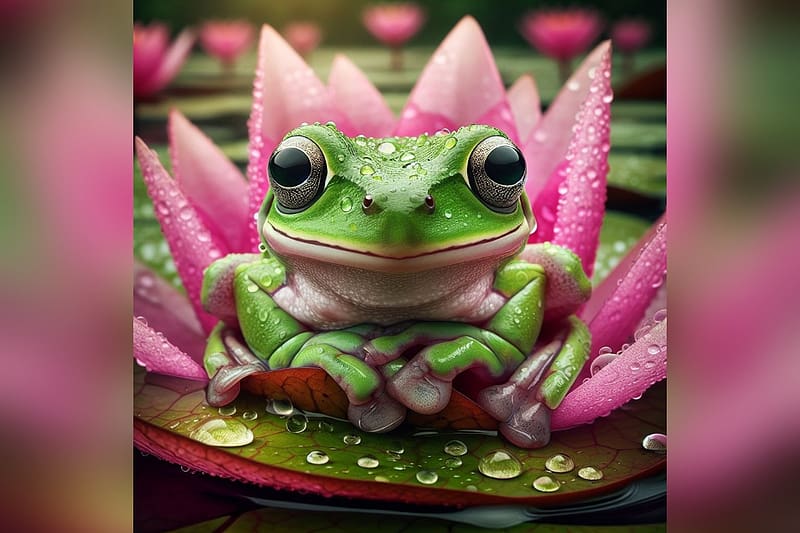 Frog and lillly pad, lilly pad, Frog, pink, green, HD wallpaper