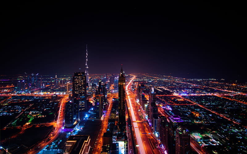 Dubai Burj Khalifa, nightscapes, modern buildings, traffic lights, skyscrapers, UAE, HD wallpaper