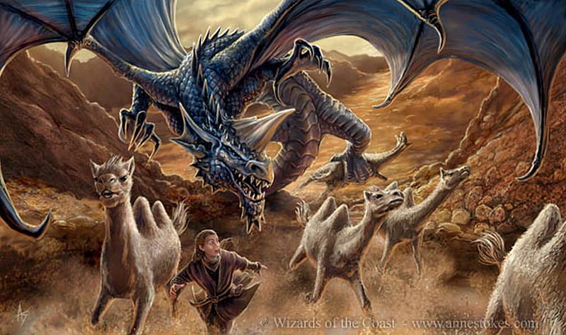 Camel Clutch, fantasy, anne stokes, nature, camels, dragon, HD wallpaper