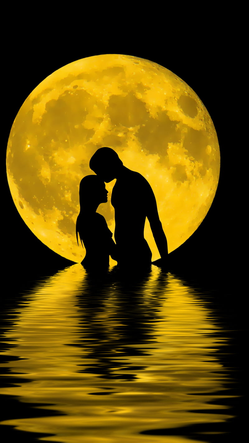 Pareja reflejo en la luna, olas, amarillo, silueta, romántico, Fondo de  pantalla de teléfono HD | Peakpx