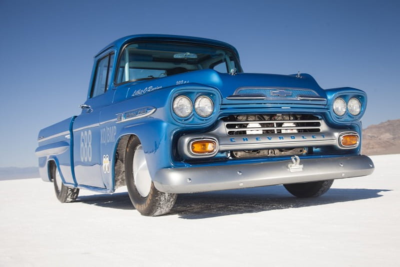 1959-Chevrolet-Apache, GM, Bowtie, Salt Flats, Blue, HD wallpaper