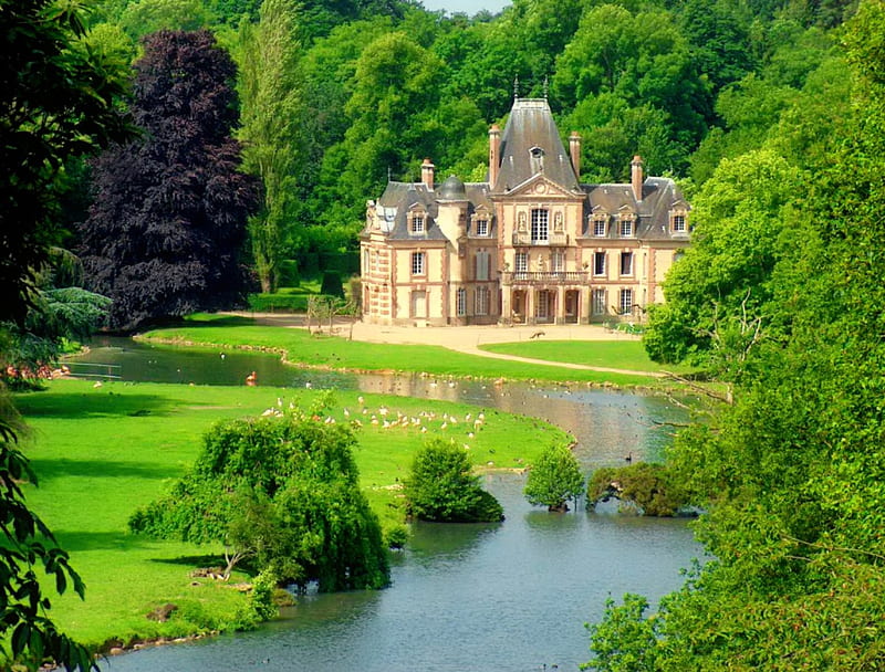 Chateau de Rambouillet, chateau, forest, lovely, view, greenery, France, bonito, trees, calm, serenity, summer, peaceful, river, castle, HD wallpaper