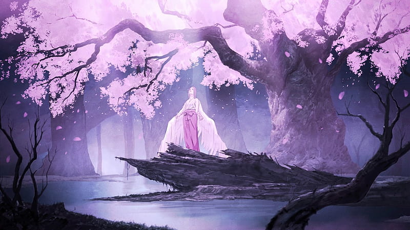 Under the Cherry Blossoms, forest, wings, japanese, angel, kimono, lake, tree, blossom, japan, fantasy, girl, flower, orginal, pink, cherry, HD wallpaper