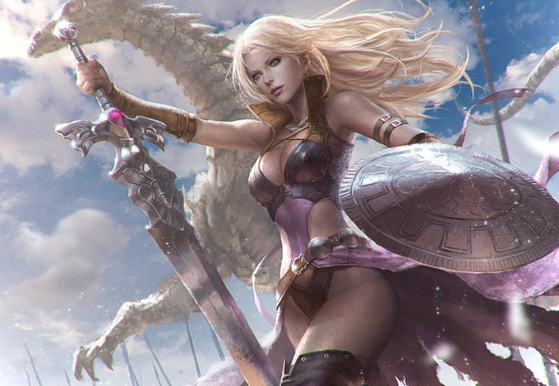 Dragon Warrior, red, shield, bonito, woman, clouds, dragon, silver, hair, fantasy, beauty, weapon, long hair, top, sword, blue, art, female, skirt, blonde, sky, abstract, armor, warrior, battle, lady, white, HD wallpaper