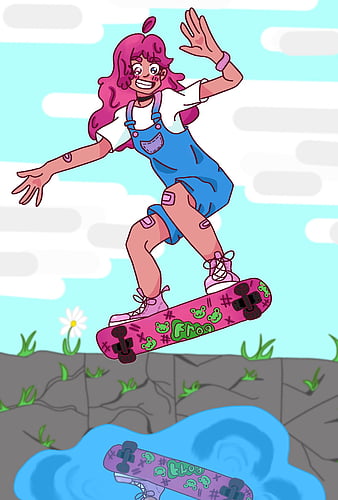 anime visual of a teenage boy riding a skateboard wi...