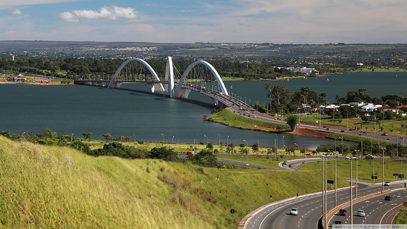 juscelino kubitschek bridge over lake in brazil, highway, modern, bridge, lake, HD wallpaper