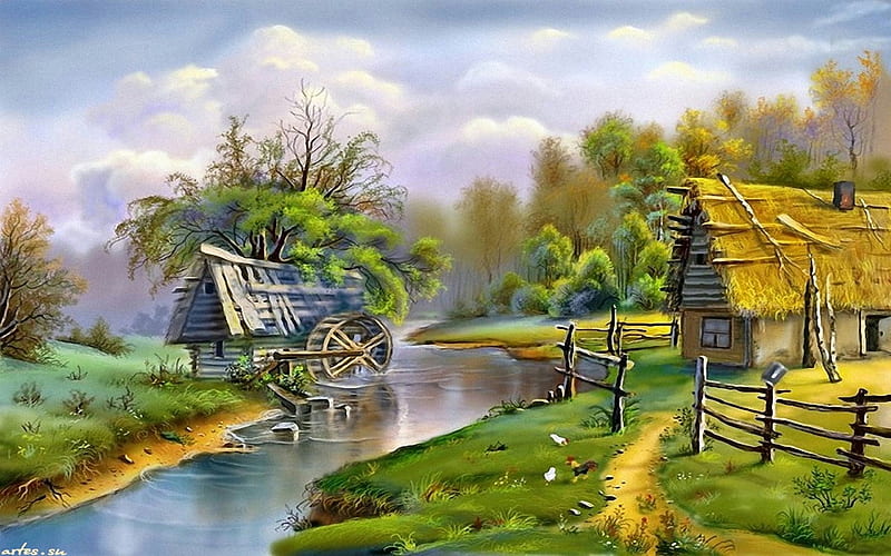 Spring village, Village, House, River, Sky, Mill, Painting, HD wallpaper