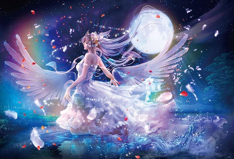 Angel, pink, blue, takaki, frumusete, wings, luminos, moon, water, fantasy, moon, girl, HD wallpaper