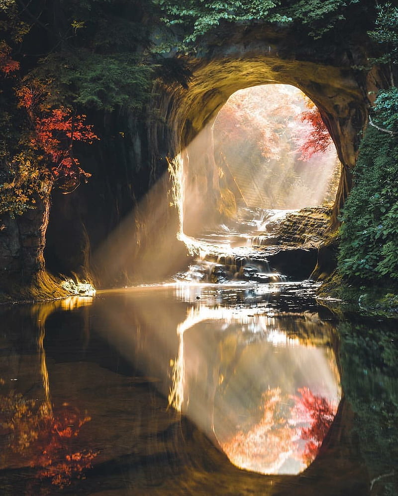 A cave in japan, cave, japan, nature, reflection, water, HD phone wallpaper