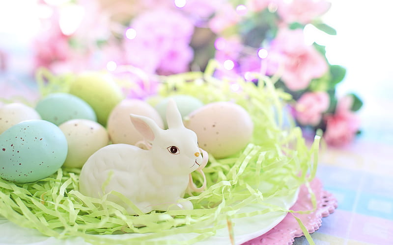 Easter, white rabbit, decoration, Easter eggs, painted eggs, spring flowers, HD wallpaper
