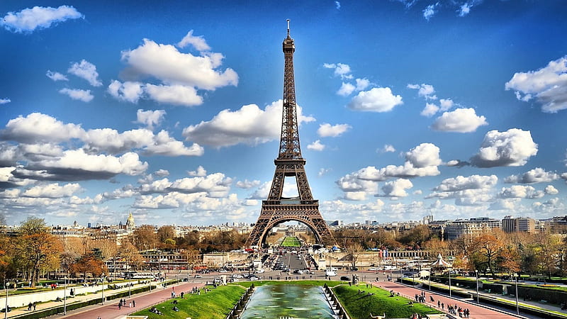 beautiful eifel tower, city, tower, park, clouds, pool, HD wallpaper