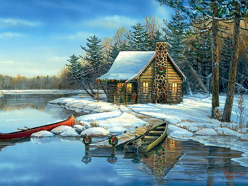 Cabin at the river, snow, winter, boat, painting, nature, sky, trees, HD wallpaper