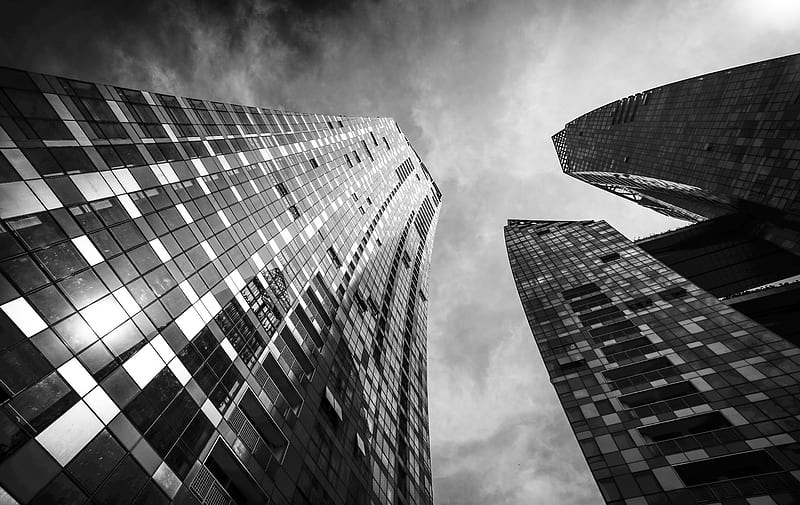 skyscrapers, buildings, bottom view, black and white, HD wallpaper