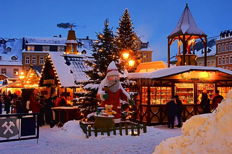 Christmas Market in Germany, christmas tree, snow, houses, town, lights, HD wallpaper