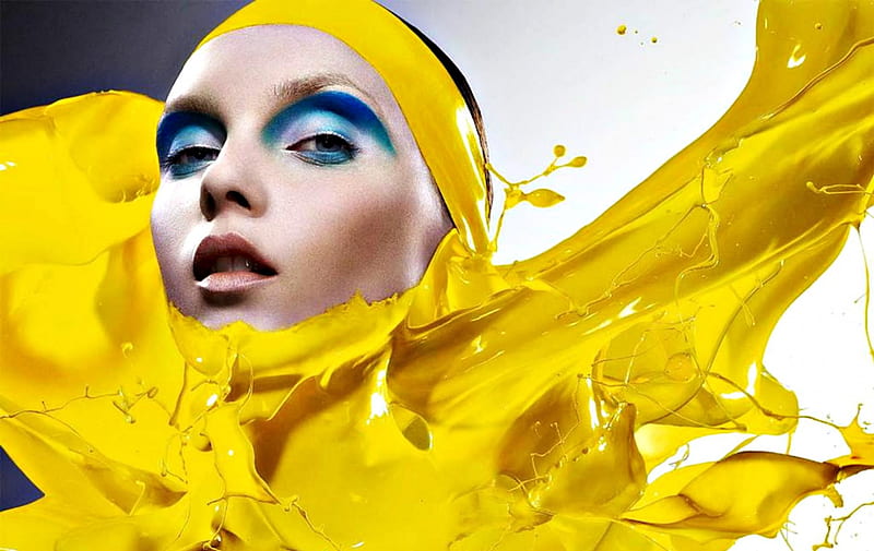 model, paint, yellow, woman, make-up, splash, girl, face, blue, HD wallpaper