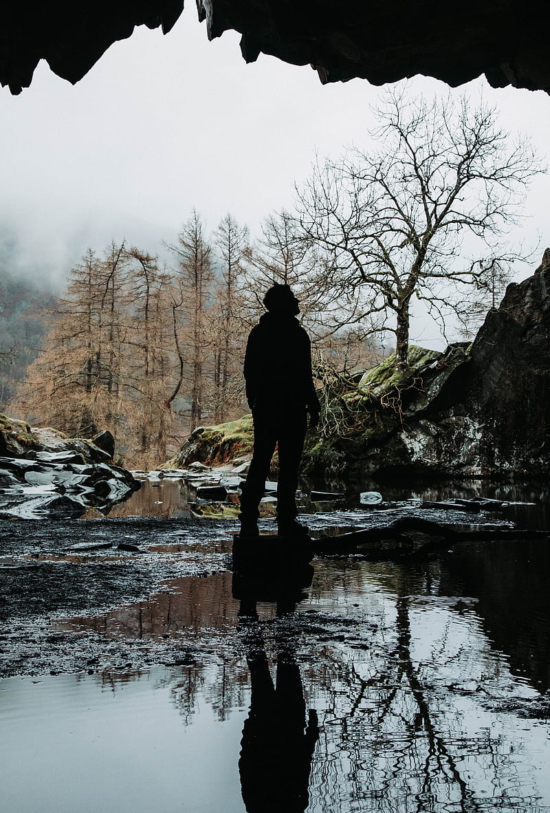 man, silhouette, alone, river, nature, HD phone wallpaper