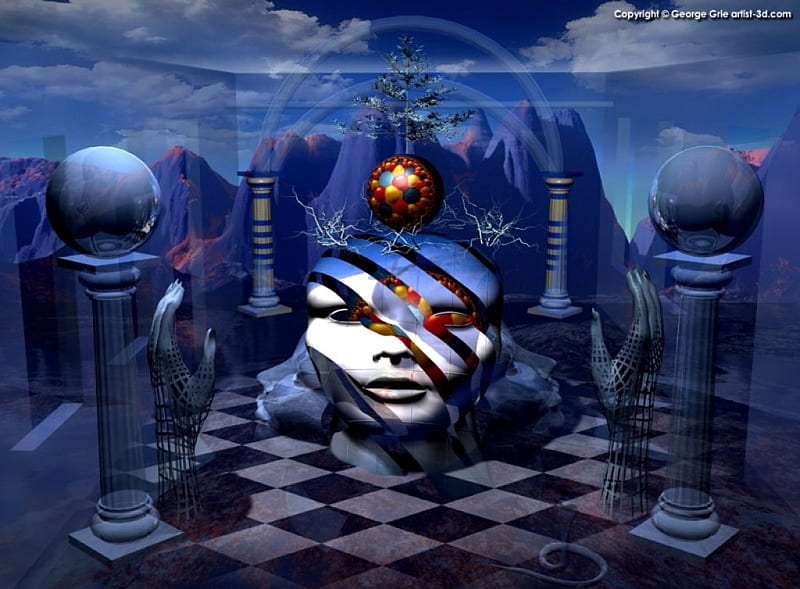 Fantasy Desquise, pillars, checkerboard, fantasy, face, spheres, globes, abstract, HD wallpaper