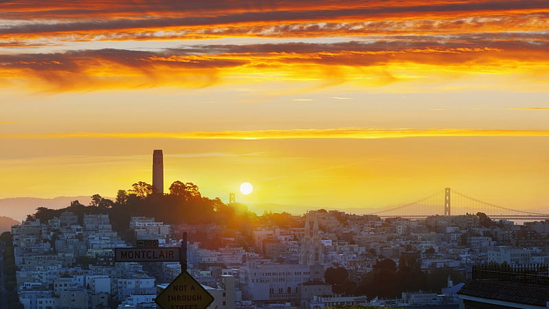 sunset over san francisco hill, city, bridge, tower, sunset, hill, HD wallpaper