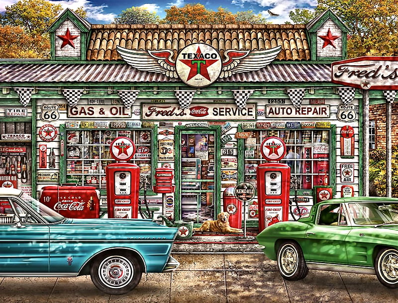 Fred's Service Station F, architecture, art, cityscape, bonito, illustration, artwork, stores, painting, shops, wide screen, scenery, HD wallpaper