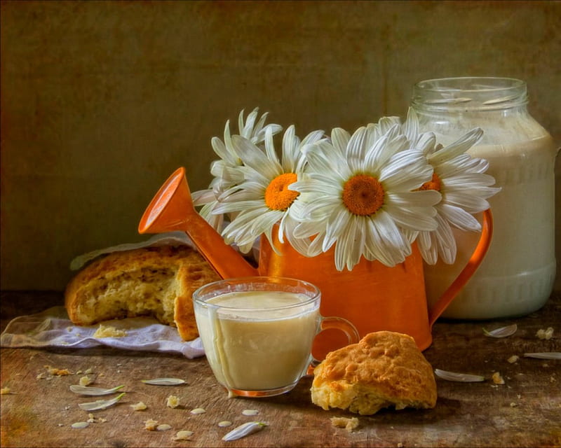 Still life, glass, food, bread, flowers, milk, HD wallpaper