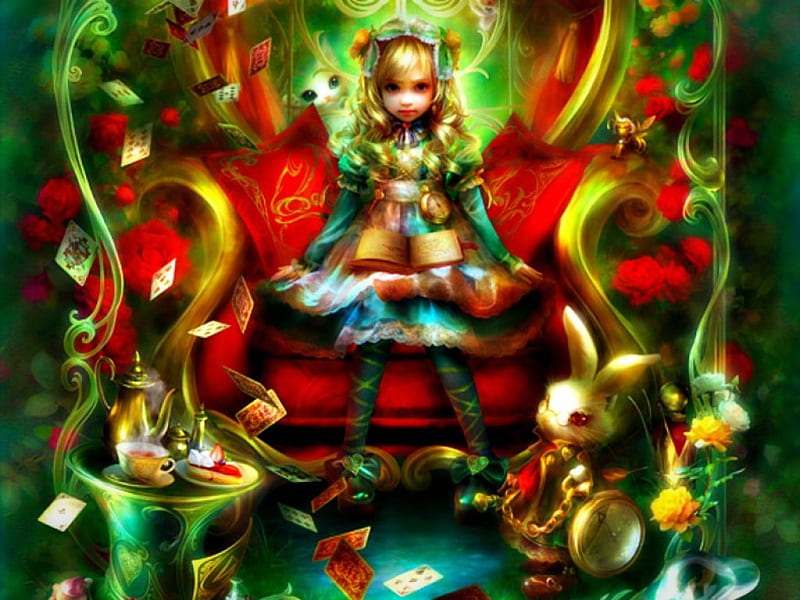 Alice Vignette, red, art, rabbit, shu, wonderland, yellow, blonde, fantay, animal, card, cute, girl, green, anime, blue, HD wallpaper