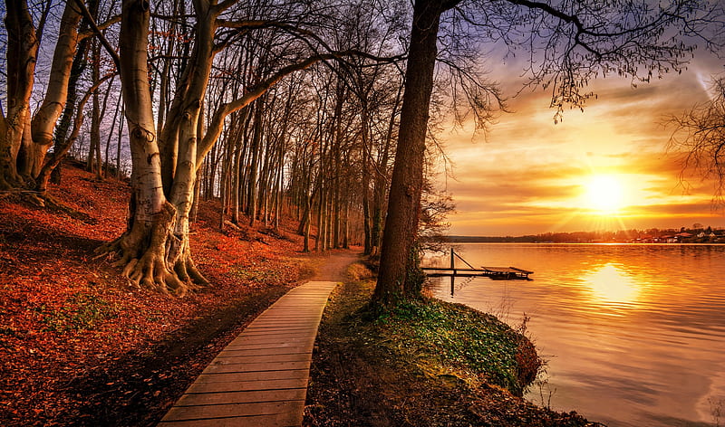Autumn sunset, fall, autumn, bonito, river, sunset, reflection, foliage, lake, pier, HD wallpaper
