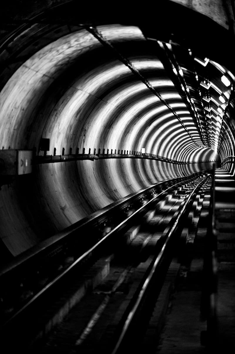 tunnel, rails, bw, metro, underground, HD phone wallpaper