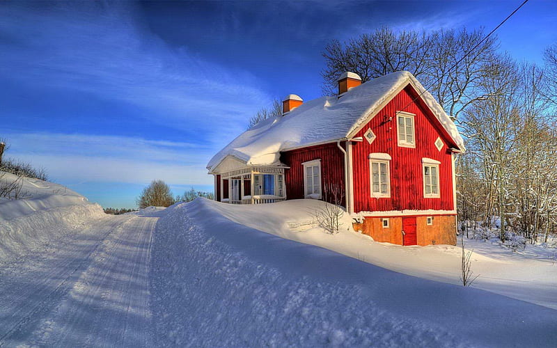 Red house, Sweden, house, bonito, magic, cold, farm, road, blue, fantastic, houses, pure, sky, weather, winter, enchanting, icy, snow, ice, awesome, nature, white, landscape, HD wallpaper
