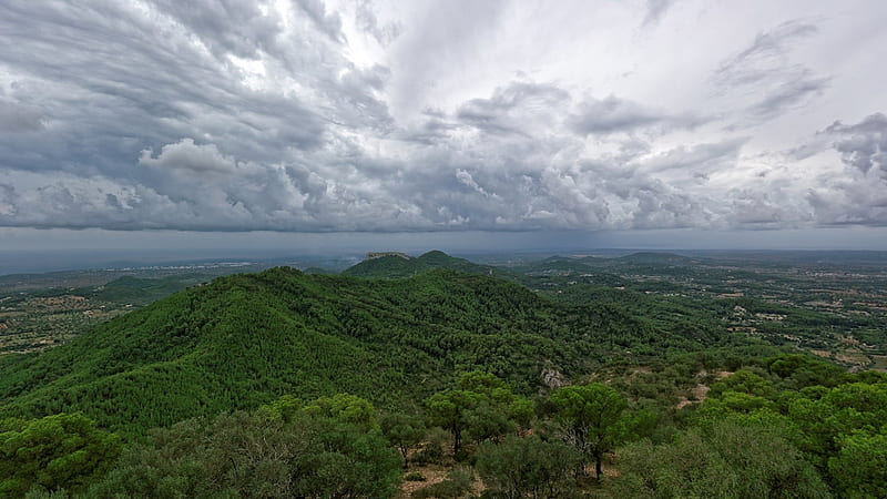 heaven and earth on mallorca, hills, forest, sky, clouds, HD wallpaper
